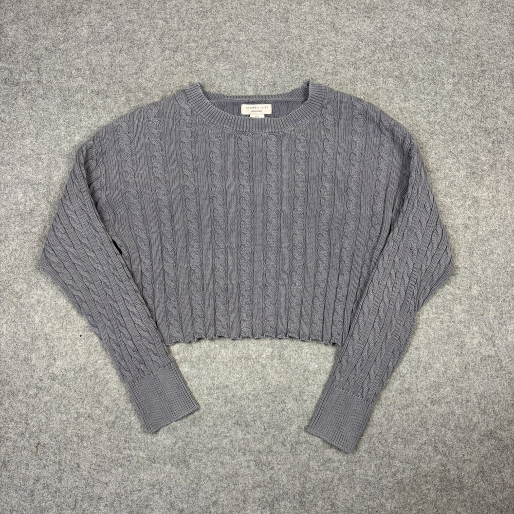 Sincerely Jules Womens 100% Cotton Cable Knit Cropped Sweater Gray Blue Large